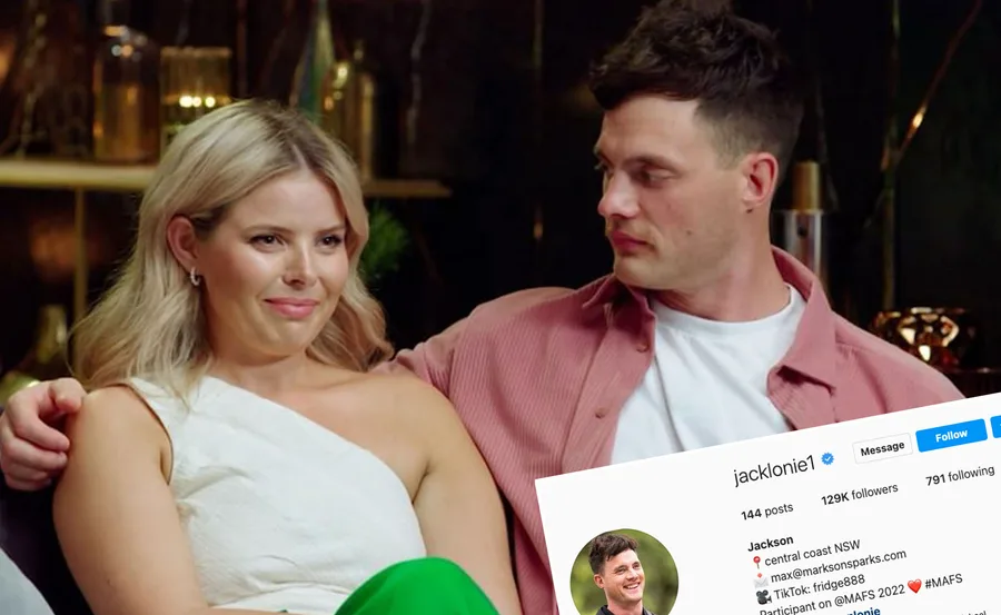 Couple sitting together with a social media profile overlay, showing username 'jacklonie1' and 129K followers.