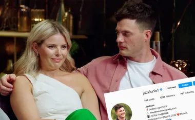 Couple sitting together with a social media profile overlay, showing username 'jacklonie1' and 129K followers.