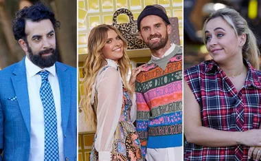 Three individuals in separate photos: a man in a blue suit, a couple posing, and a woman in a plaid shirt smiling.