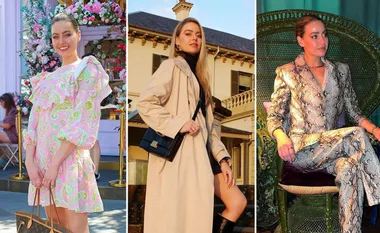 A woman in three outfits: floral dress, beige coat, and snake-patterned suit, set against various backgrounds.