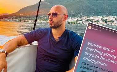 ```
Man in sunglasses on boat with sunset and hills in background; inset text overlays right side.
```