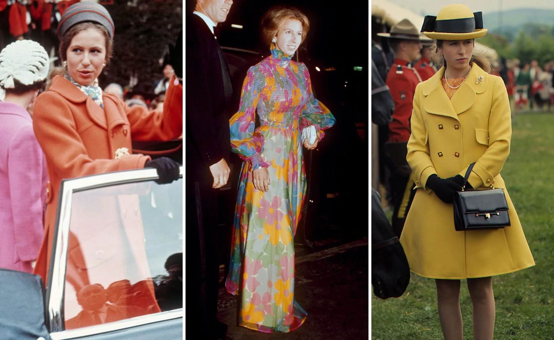Princess Anne fashion moments: in orange coat, colorful floral gown, and yellow coat with hat at various events.