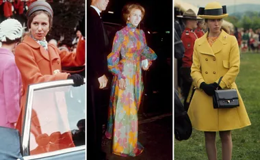 Princess Anne fashion moments: in orange coat, colorful floral gown, and yellow coat with hat at various events.