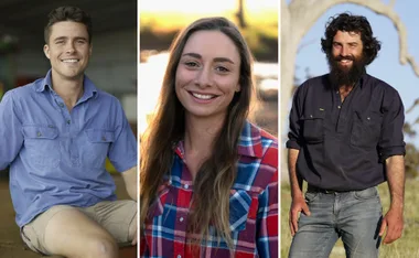 Three individuals from "Farmer Wants a Wife 2022" cast: a man in a blue shirt, a woman in a plaid shirt, and a bearded man.