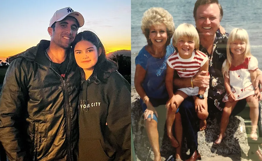 Two family photos: a man with a young woman at sunset, and a couple with two children by the sea.