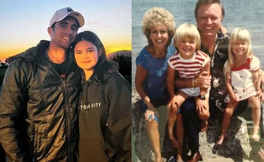 Two family photos: a man with a young woman at sunset, and a couple with two children by the sea.