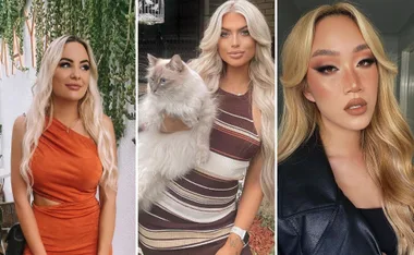 "Three women with blonde hair. One in an orange dress, another holding a cat, and one in a leather jacket."