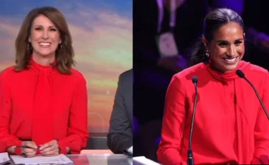 We are seeing double! Sunrise’s Natalie Barr accuses Meghan Markle of ‘loaning’ her red top