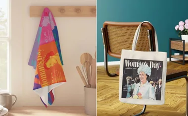 Retro-style Queen Elizabeth II memorabilia: a colorful magazine cover towel and a tote bag with Woman's Day cover.