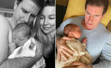 Father and mother holding newborn baby in two tender family moments.