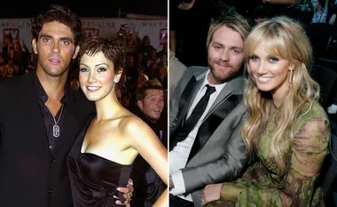 Two side-by-side photos of a woman with different partners at events.