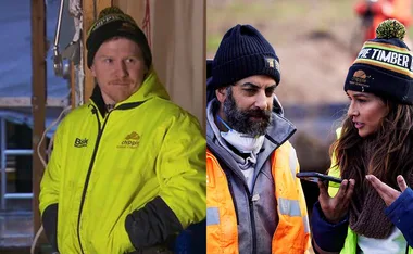 People in high-visibility jackets and winter hats working on a construction site.
