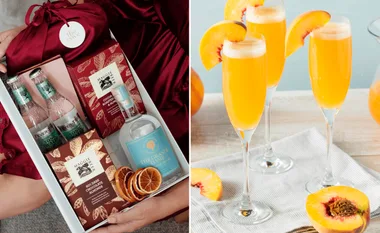 Gift box with The Cove prosecco, tonic water, chocolates; three peach Bellini cocktails in flutes.