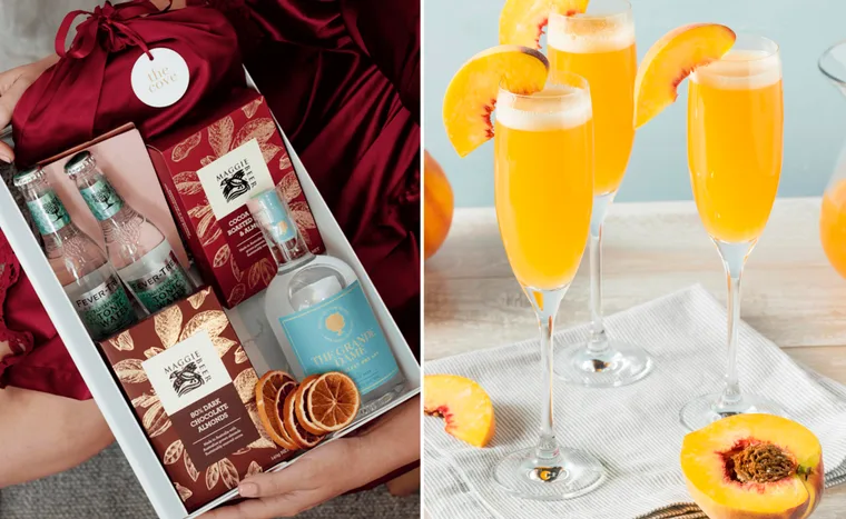 Gift box with The Cove prosecco, tonic water, chocolates; three peach Bellini cocktails in flutes.