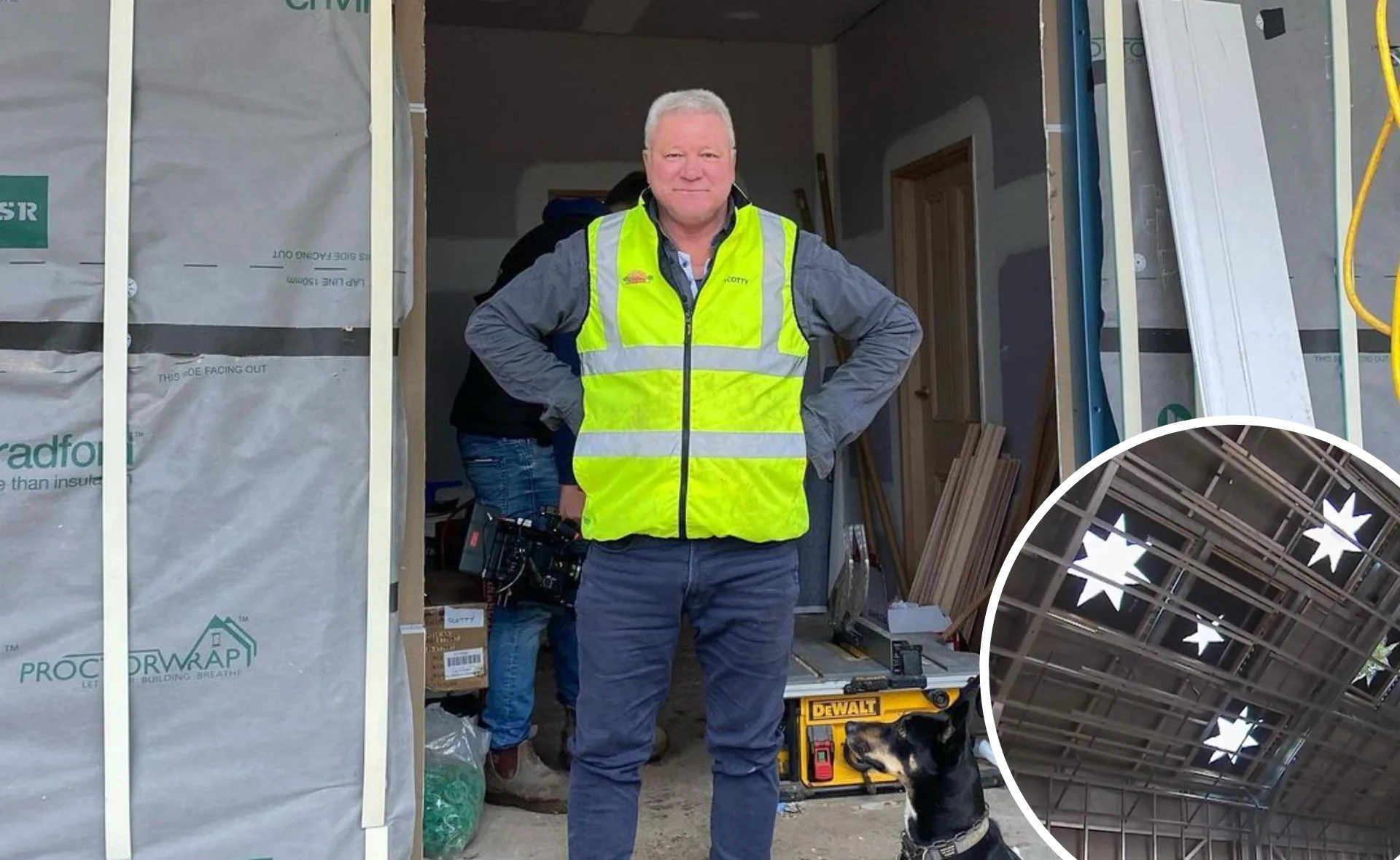 Man in a yellow vest stands with hands on hips in a construction site; inset shows star-shaped skylights.