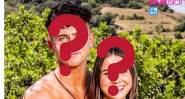 Couple with large question marks on their faces, outdoors with greenery and Love Island Australia logo in the corner.