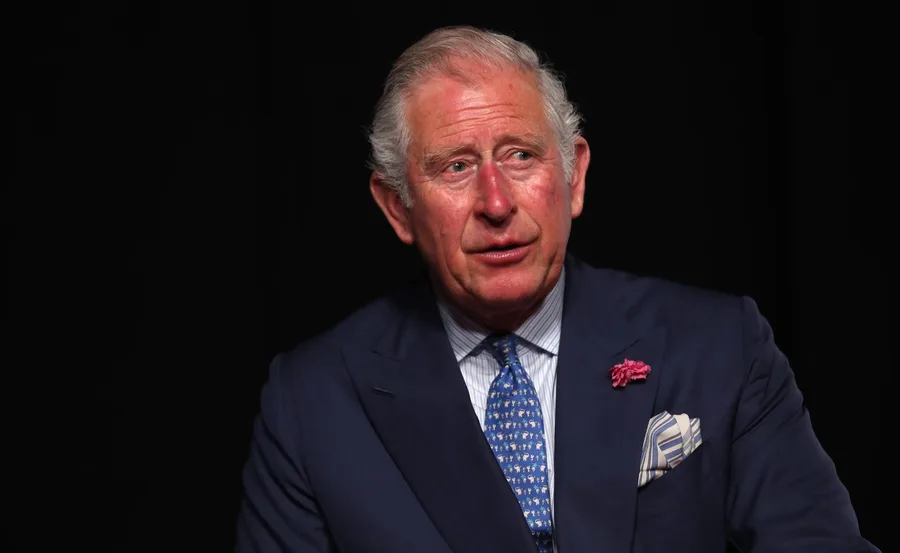 King Charles III in a navy suit with a patterned tie, looking slightly to the side against a dark background.