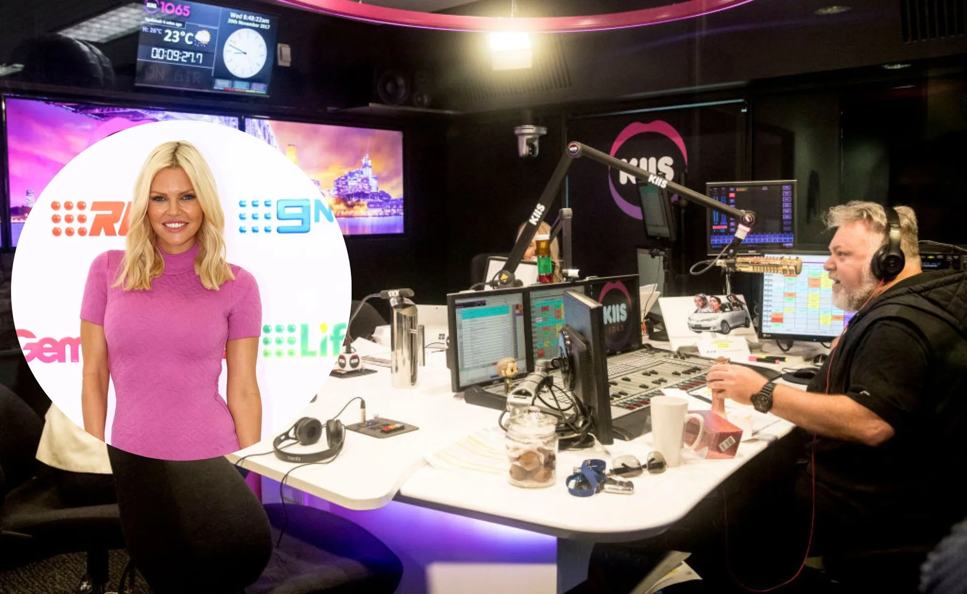 Radio host at KIIS FM studio with Sophie Monk inset promoting Love Island Australia.