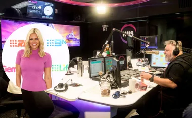 Radio host at KIIS FM studio with Sophie Monk inset promoting Love Island Australia.