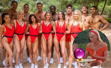 A group of "Love Island" contestants in red swimsuits and shorts pose together outdoors, with a woman inset gesturing at a magic orb.