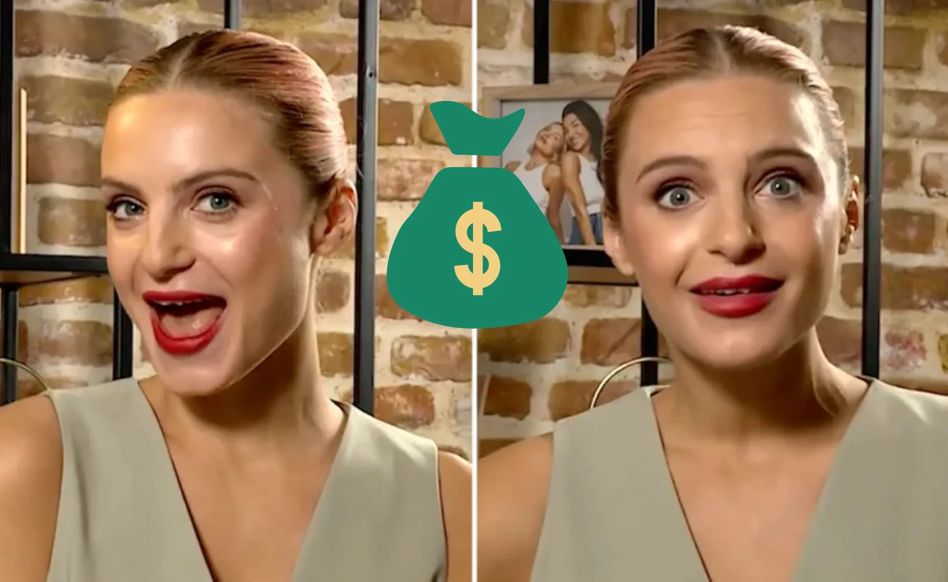 Woman with expressions under money bag icon, brick wall background, framed photo visible.