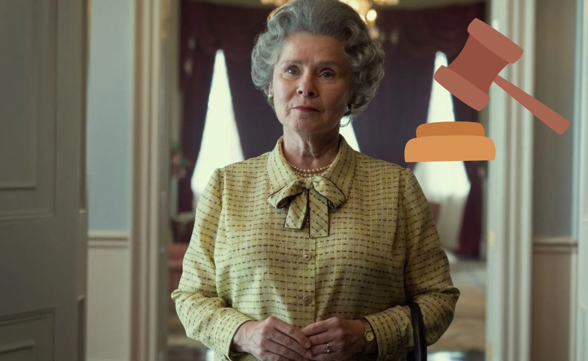 Imelda Staunton as Queen Elizabeth II in a room with a gavel illustration.