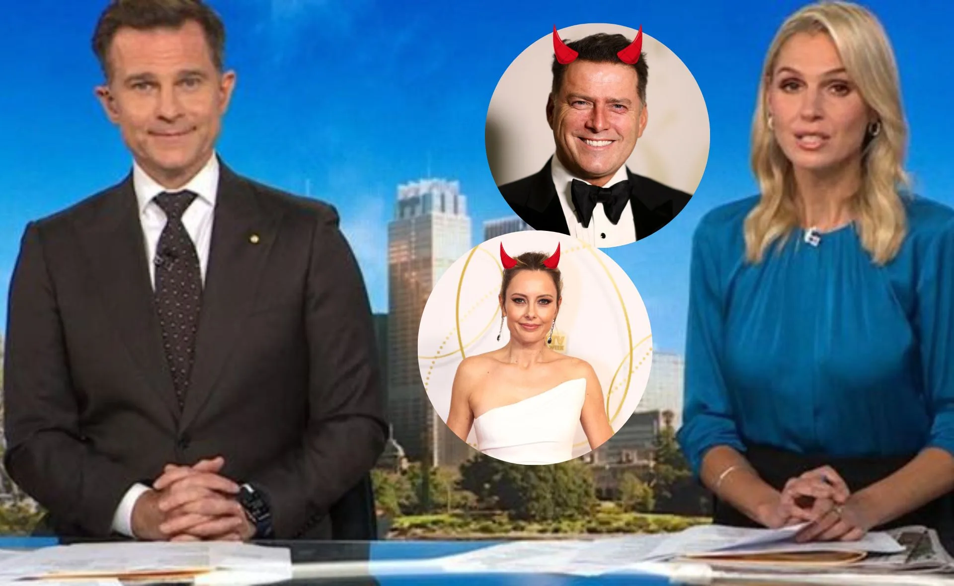 News presenters at a desk with inset images of two individuals wearing devil horns.