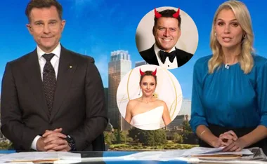 News presenters at a desk with inset images of two individuals wearing devil horns.