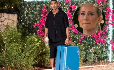 Man holding blue suitcase and drink, leaving a villa with plants and flowers; inset shows a woman looking emotional.
