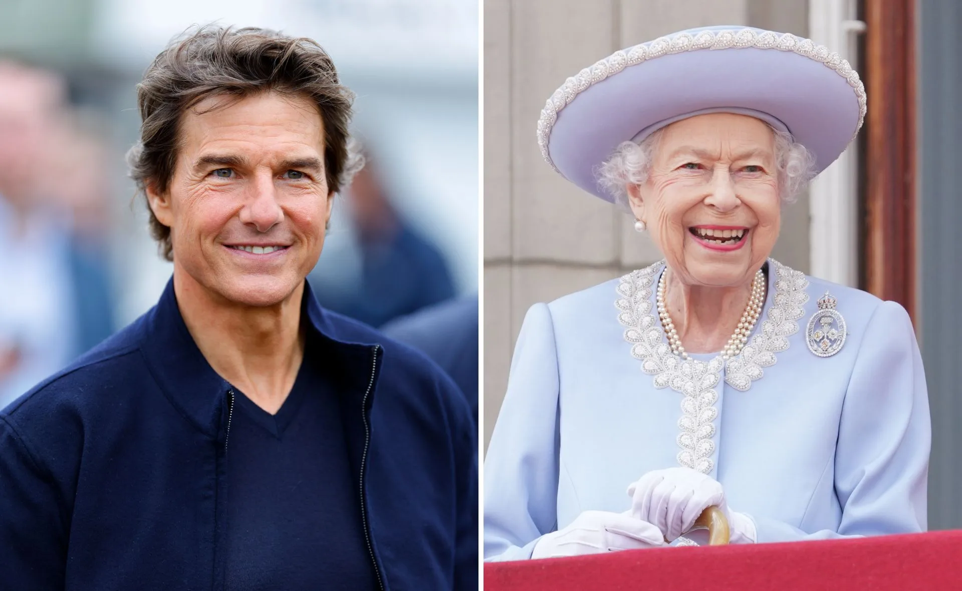 Actor and a royal figure smiling, side by side, in separate frames.
