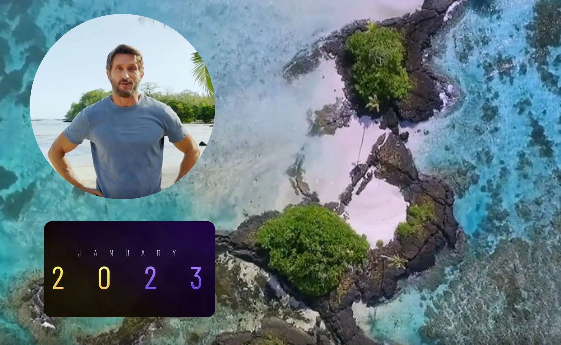 "Survivor Australia 2023 promo with beach aerial view and host on tropical island."