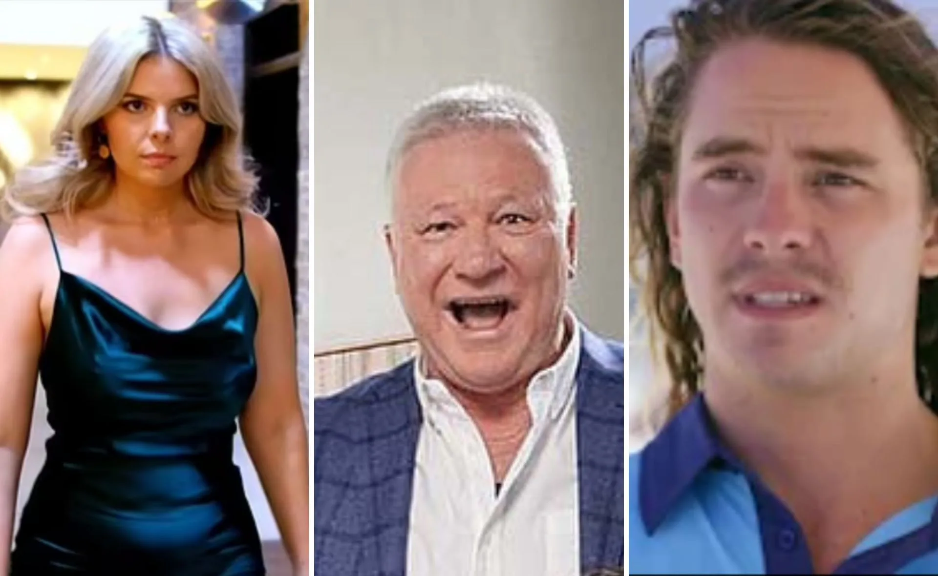 Three people are shown. One wearing a green dress, another with a surprised expression, and the third in a blue shirt.