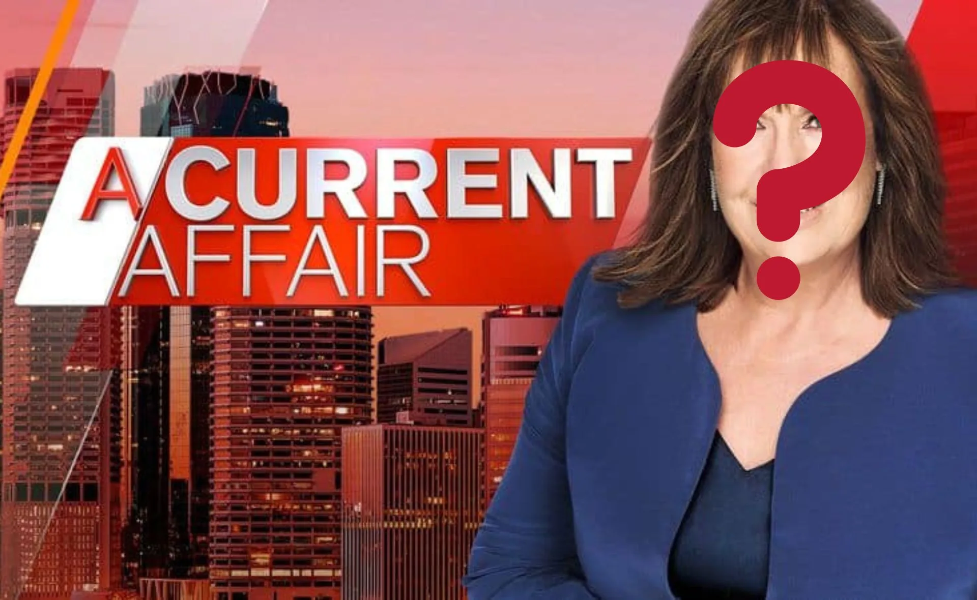 Prompt image shows a woman with a question mark over her face beside "A Current Affair" logo, city skyline backdrop.