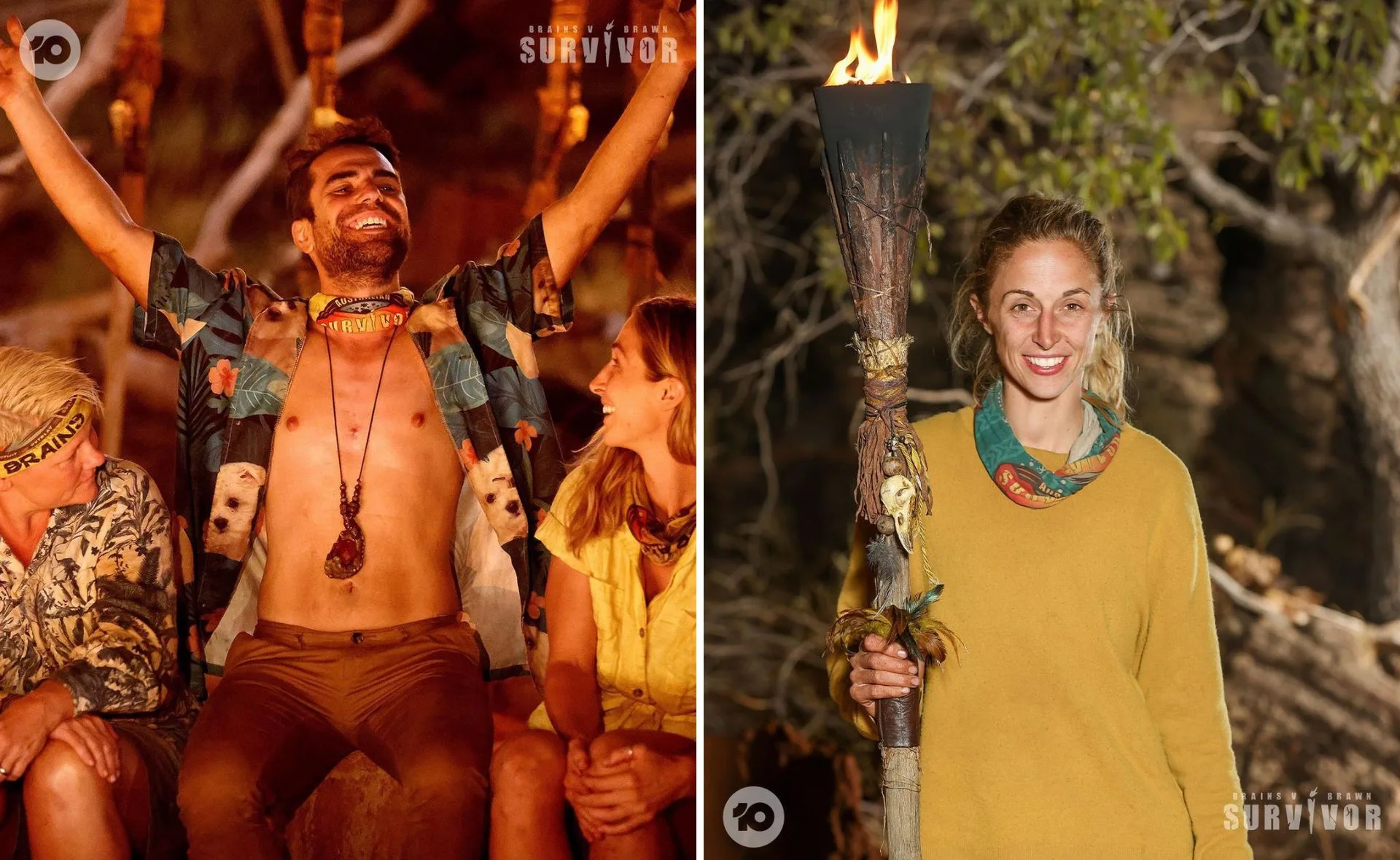 Participants celebrating at campfire, one with arms raised and another holding a flaming torch, on Survivor Australia.