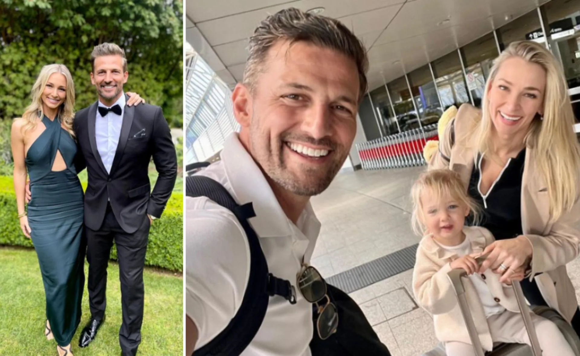 "Couple elegantly dressed in garden; family with child smiling at airport."