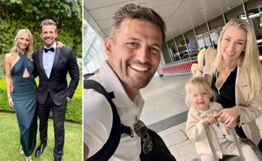 "Couple elegantly dressed in garden; family with child smiling at airport."