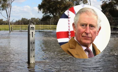 "Flooded landscape with a water level marker; an image of a distinguished older man overlaid."