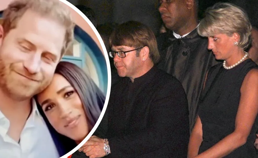Prince Harry and Meghan Markle with Elton John and Princess Diana in a tribute collage.