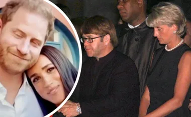 Prince Harry and Meghan Markle with Elton John and Princess Diana in a tribute collage.