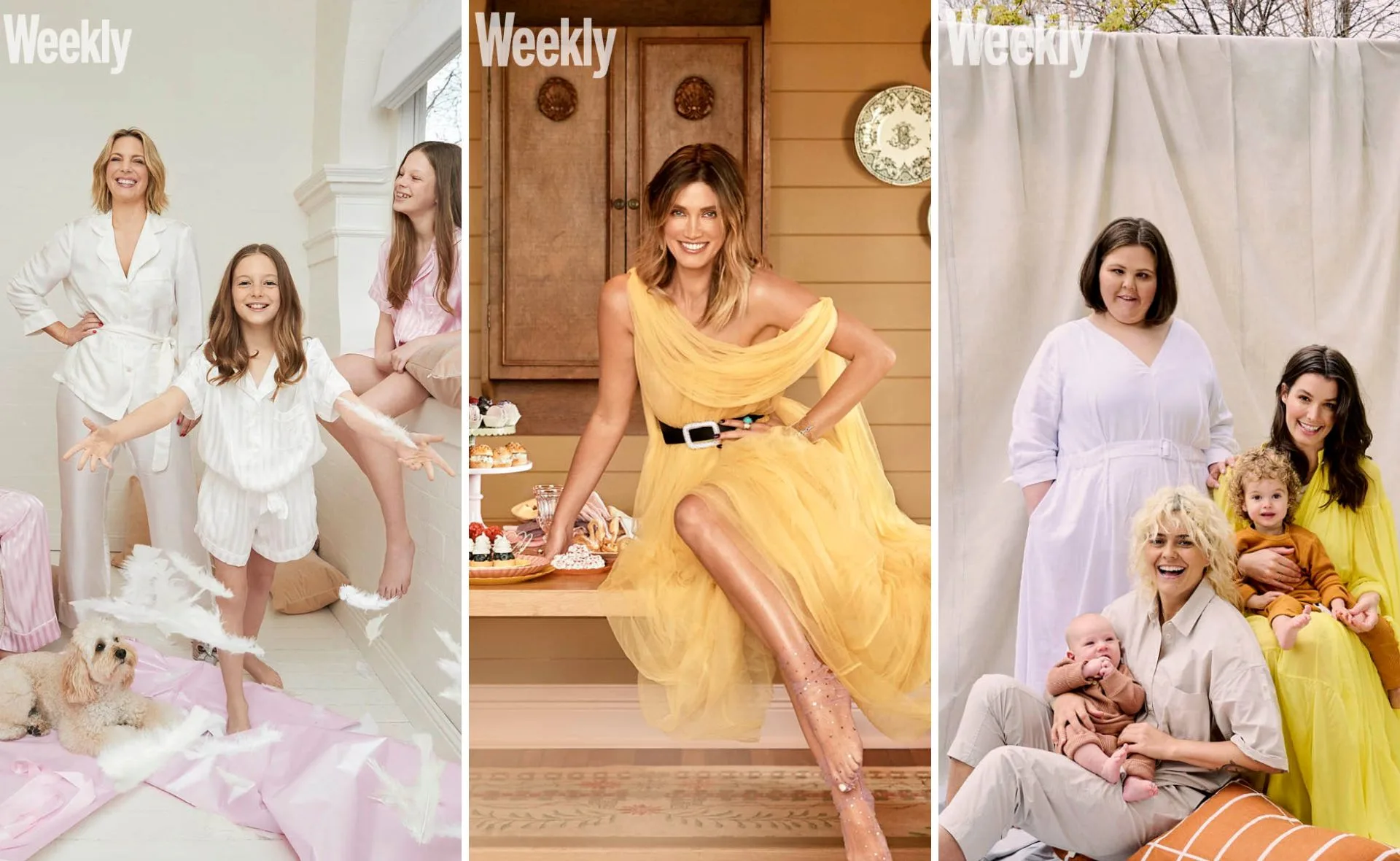 Celebrities in cozy pajamas and elegant dresses with family, posing for festive holiday photos indoors and outdoors.