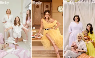 Celebrities in cozy pajamas and elegant dresses with family, posing for festive holiday photos indoors and outdoors.