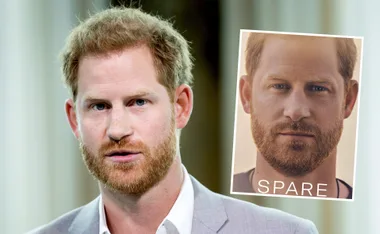 A man with a beard in a suit, inset image of him on "Spare" book cover.