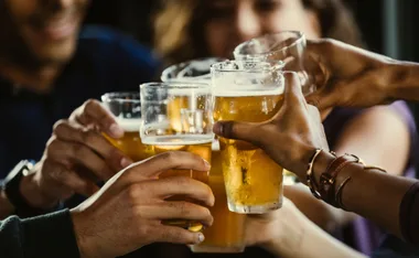 Group of people clinking glasses of beer together in a celebratory toast.
