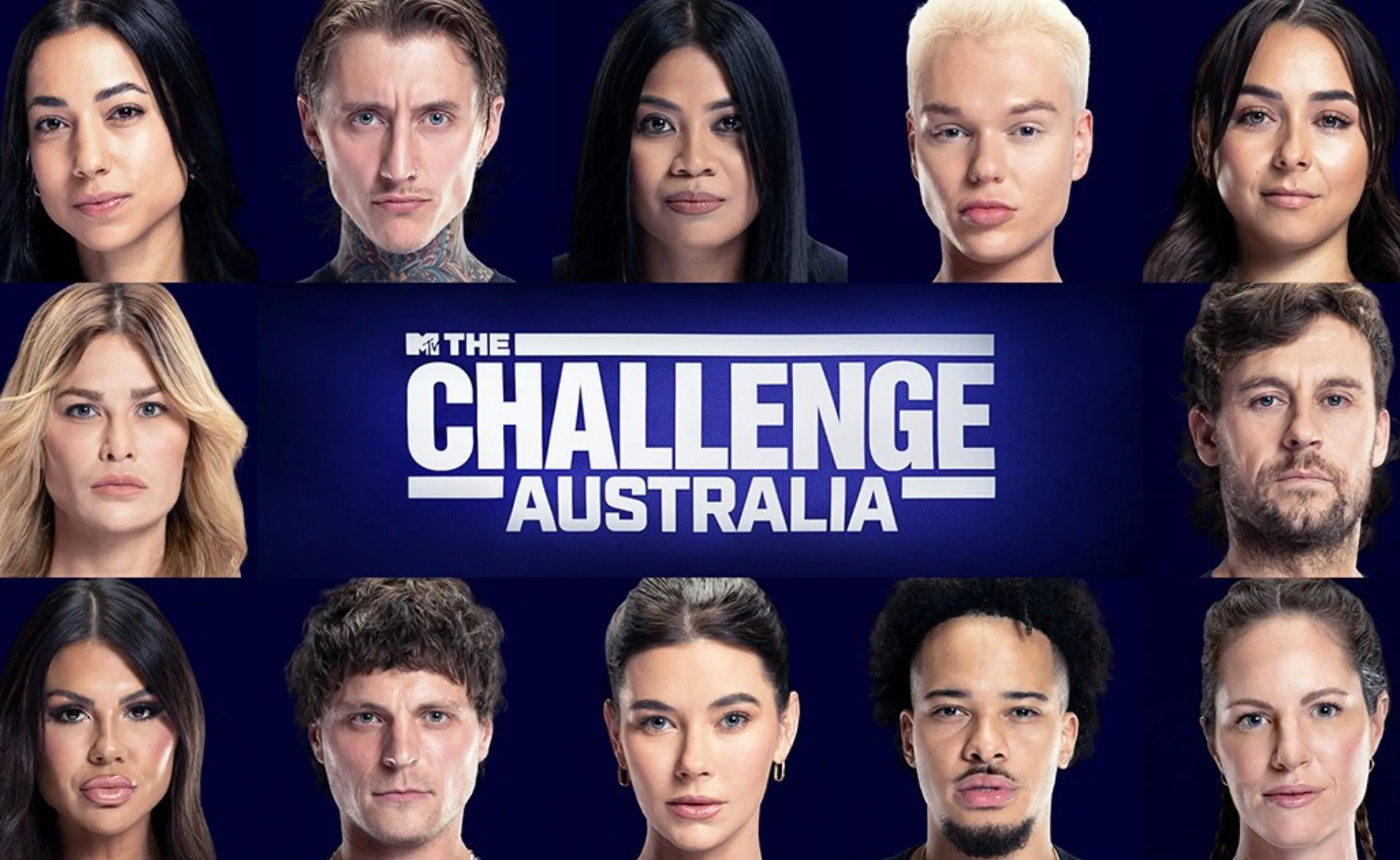 Twelve contestants from "The Challenge Australia" pose in a grid arrangement with the show logo centered.