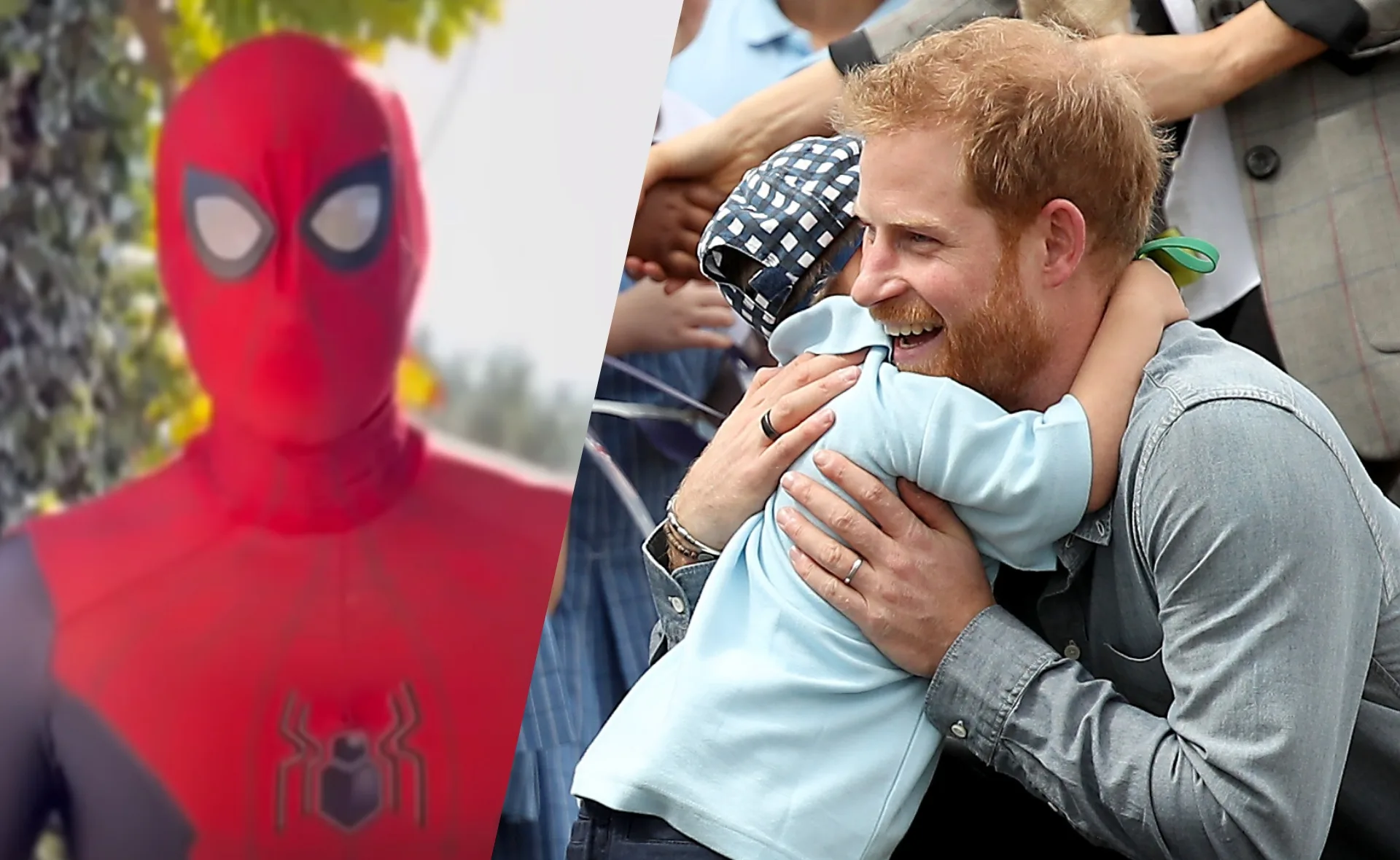 Spiderman on left, smiling man hugging child on right with joyful expression.