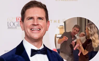 Man in a tuxedo smiling at an event, inset shows him with a woman holding a baby indoors.