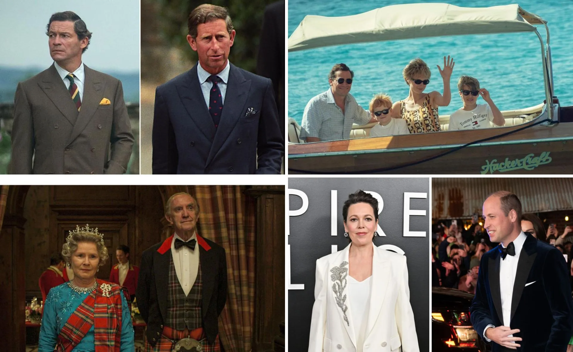 Actors portray royal family members and events from "The Crown"; includes scenes and real-life counterparts.