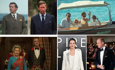 Actors portray royal family members and events from "The Crown"; includes scenes and real-life counterparts.