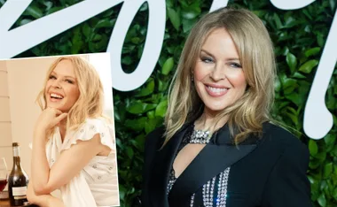 Kylie Minogue smiling at an event, inset with her near wine bottles.