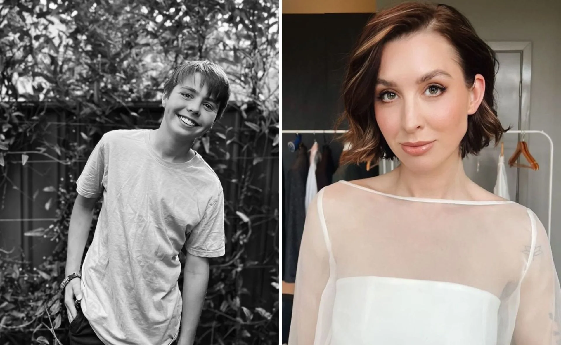 Black and white photo of a smiling boy outdoors and a woman indoors with short brown hair and a sheer white top.